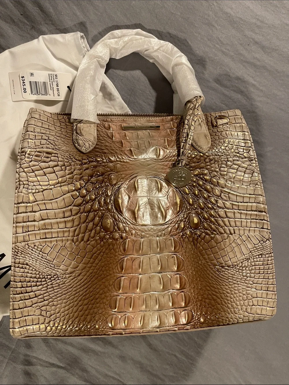Brahmin Metallic Brown Croc-Embossed Leather Satchel